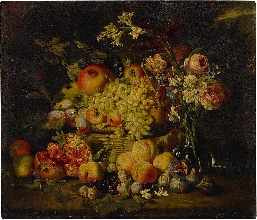 Natura morta di fiori e frutti, tra cui melograni, pesche e uva